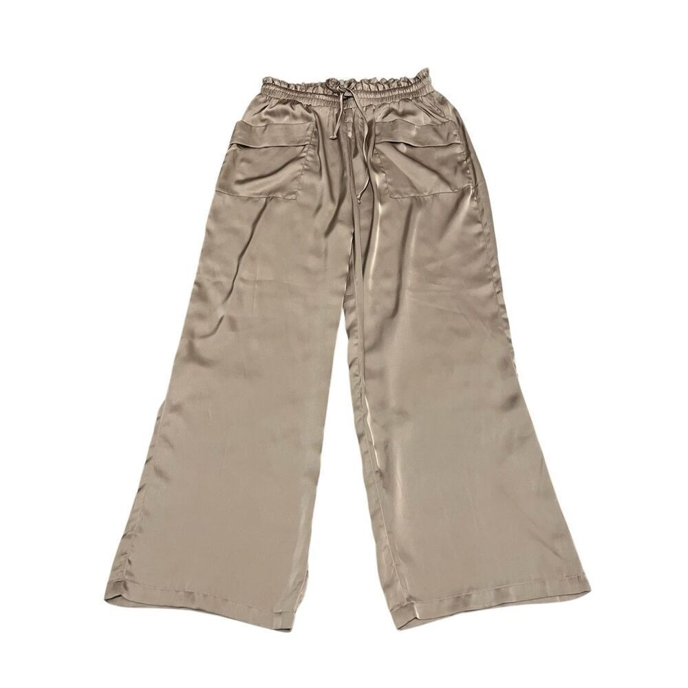 Jodifl Womens Elastic Waist Drawstring Pull-on Satin Wide Leg Pants Taupe Small